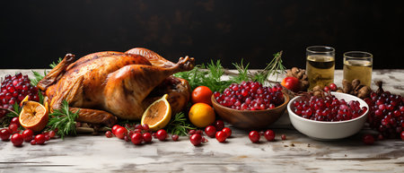 Thanksgiving dinner. Roasted turkey or chicken with cranberries, apples, grapes and spices on rustic wooden background. Top view with copy spaceの素材