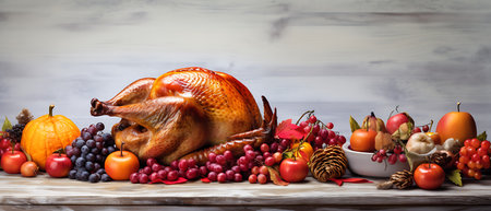 Thanksgiving dinner. Roasted turkey or chicken with cranberries, apples, grapes and spices on rustic wooden background. Top view with copy spaceの素材