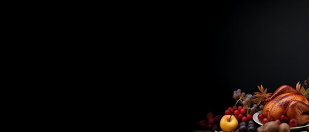 Thanksgiving dinner. Roasted turkey or chicken with cranberries, apples, grapes and spices on rustic wooden background. Top view with copy spaceの素材