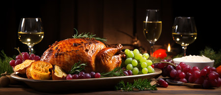 Thanksgiving dinner. Roasted turkey or chicken with cranberries, apples, grapes and spices on rustic wooden background. Top view with copy spaceの素材