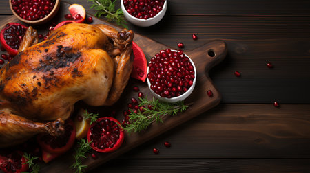 Thanksgiving dinner. Roasted turkey or chicken with cranberries, apples, grapes and spices on rustic wooden background. Top view with copy spaceの素材