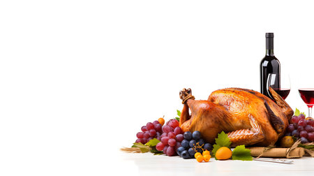Thanksgiving dinner. Roasted turkey or chicken with cranberries, apples, grapes and spices on rustic wooden background. Top view with copy spaceの素材