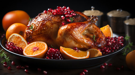 Thanksgiving dinner. Roasted turkey or chicken with cranberries, apples, grapes and spices on rustic wooden background. Top view with copy spaceの素材
