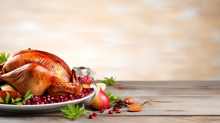 Thanksgiving dinner. Roasted turkey or chicken with cranberries, apples, grapes and spices on rustic wooden background. Top view with copy spaceの素材