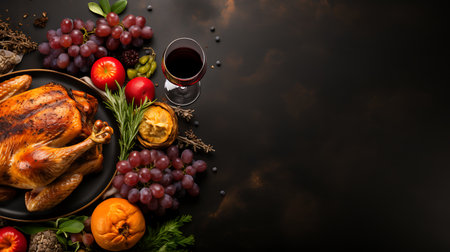 Thanksgiving dinner. Roasted turkey or chicken with cranberries, apples, grapes and spices on rustic wooden background. Top view with copy spaceの素材