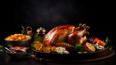 roasted turkey with potatoes and vegetables on a black background, horizontalの素材