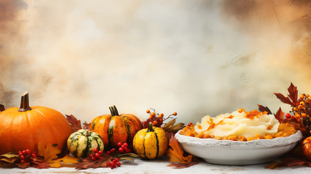 Halloween background with pumpkins and autumn leaves. Copy space.の素材