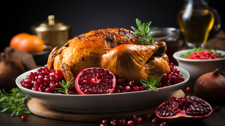 Roasted whole chicken with pomegranate seeds and rosemaryの素材