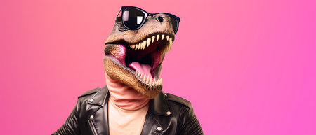 Funny dinosaur wearing leather jacket and sunglasses on a pink background.の素材