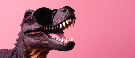 Dinosaur in sunglasses on a pink background. 3d rendering.の素材