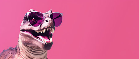 Funny dinosaur in sunglasses on a pink background. 3d renderingの素材