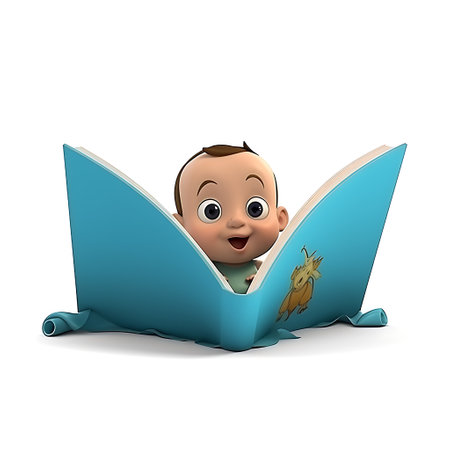 3D Render of Little Girl Reading a Book Isolated on White Backgroundの素材