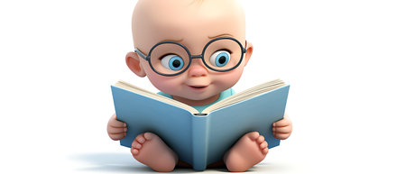 3D Render of Little Girl Reading a Book Isolated on White Backgroundの素材