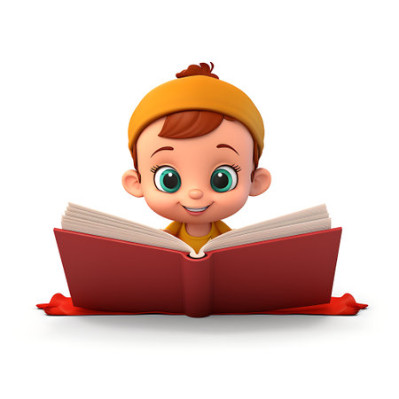3d rendering of a cute baby reading a book isolated on white backgroundの素材