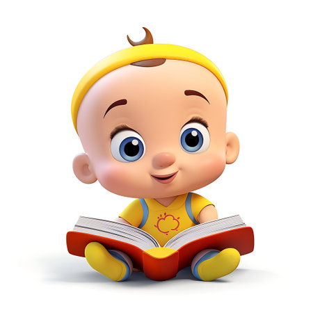 3d rendering of a cute baby reading a book isolated on white backgroundの素材