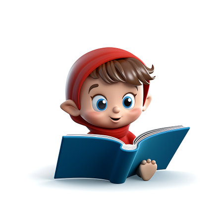 3D Render of a cute boy reading a book isolated on white backgroundの素材