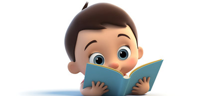 3D Render of a cute boy reading a book isolated on white backgroundの素材