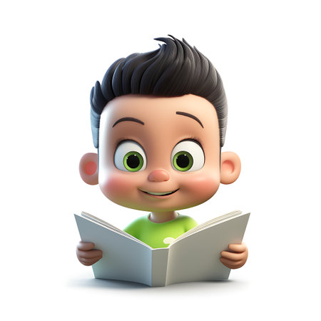 3D Render of a cute boy reading a book isolated on white backgroundの素材