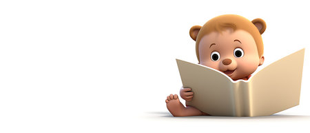 3d rendering of a cute baby reading a book isolated on white backgroundの素材