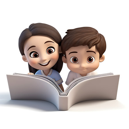 3D Render of a cute boy reading a book isolated on white backgroundの素材