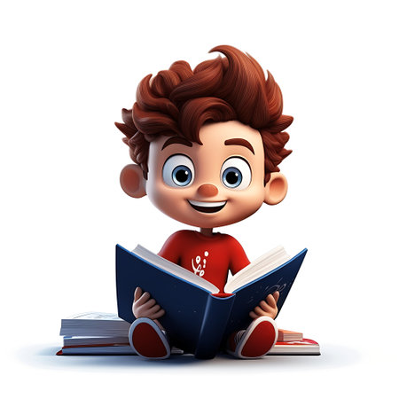 3D Render of a cute boy reading a book isolated on white backgroundの素材