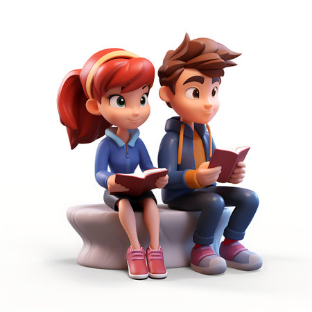 3D Render of a cute boy reading a book isolated on white backgroundの素材