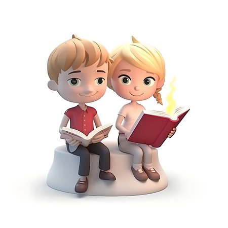 3D Render of a cute boy reading a book isolated on white backgroundの素材
