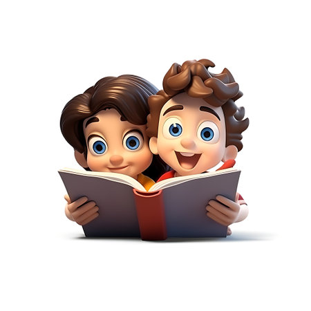3D Render of a cute boy reading a book isolated on white backgroundの素材