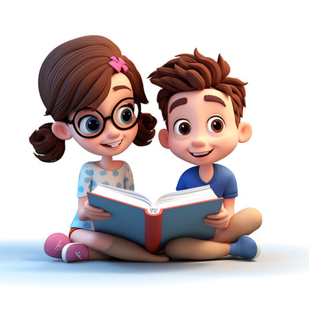 3D Render of a cute boy reading a book isolated on white backgroundの素材