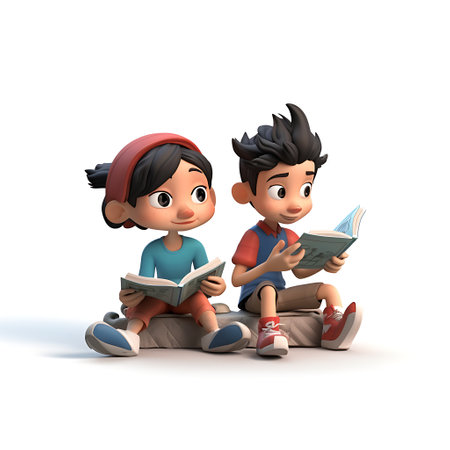 3D Render of a cute boy reading a book isolated on white backgroundの素材