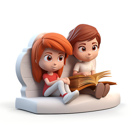 3D Render of a cute boy reading a book isolated on white backgroundの素材
