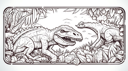Dinosaur in the jungle. Black and white illustration for coloring book.の素材