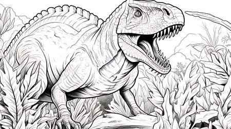 Dinosaur in the jungle. Black and white illustration for coloring book.の素材