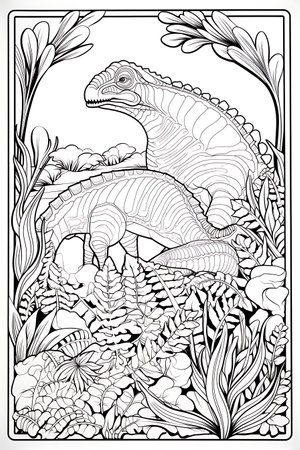 Dinosaur in the jungle. Black and white illustration for coloring book.の素材