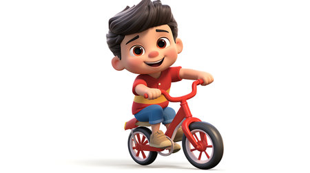 3d cartoon kid riding bicycle on white backgroundの素材