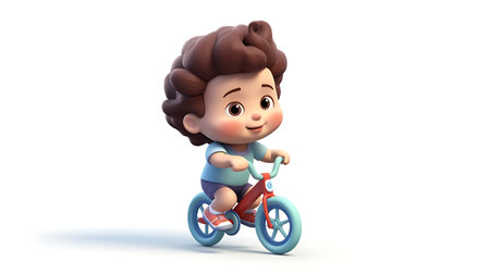 3d cartoon kid riding bicycle on white backgroundの素材