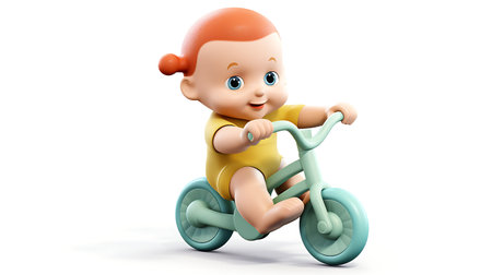 3d cartoon kid riding bicycle on white backgroundの素材