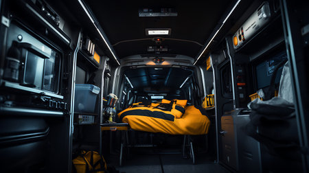 Interior of a modern ambulance with emergency medical equipment and patient bedの素材