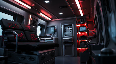 Interior of a modern ambulance with emergency medical equipment and patient bedの素材