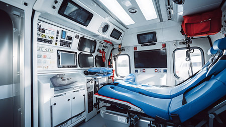 Interior of a modern ambulance with emergency medical equipment and patient bedの素材