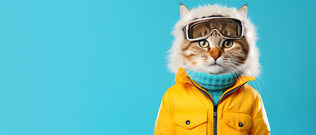Funny winter cat wearing sunglasses and hoodie on background.の素材