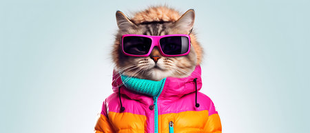 Funny winter cat wearing sunglasses and hoodie on background.の素材