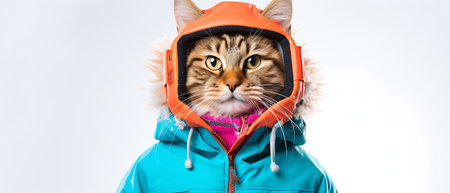 Funny winter cat wearing sunglasses and hoodie on background.の素材