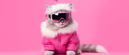 Funny winter cat wearing sunglasses and hoodie on background.の素材