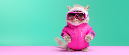 Funny winter cat wearing sunglasses and hoodie on background.の素材