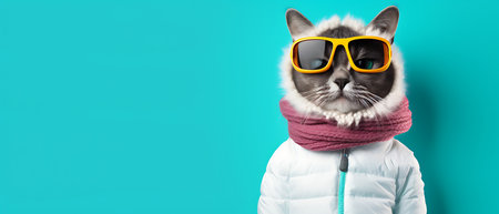 Funny winter cat wearing sunglasses and hoodie on background.の素材