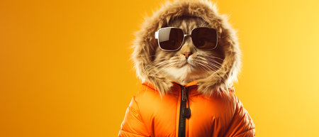 Funny winter cat wearing sunglasses and hoodie on background.の素材