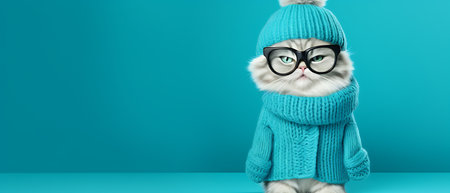 Funny winter cat wearing sunglasses and hoodie on background.の素材