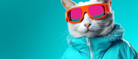 Funny winter cat wearing sunglasses and hoodie on background.の素材