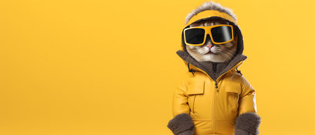 Funny winter cat wearing sunglasses and hoodie on background.の素材